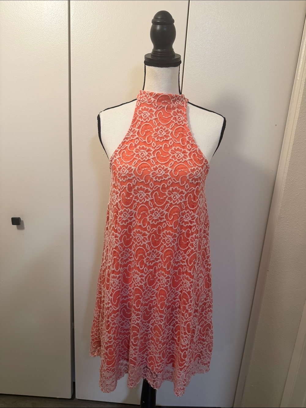 Coral Lace Halter Mini Dress